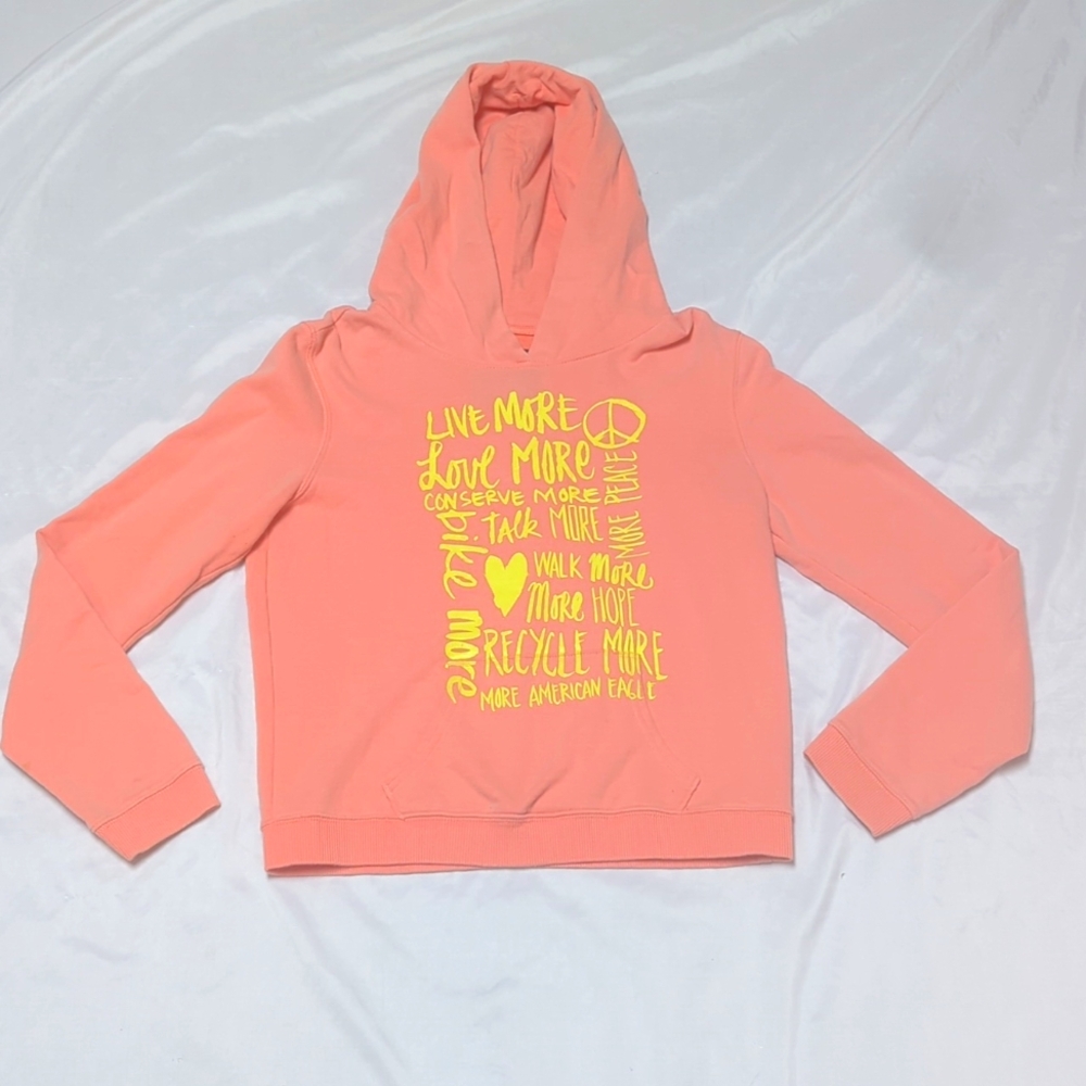American Eagle "More Peace More Love" Coral Graphic Pull Over Hoodie Sweatshirt